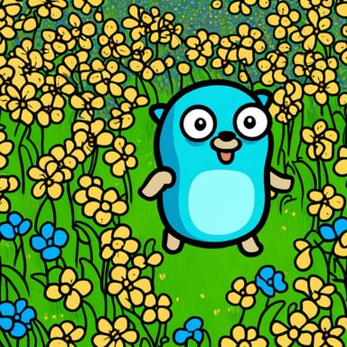 Generate Go Blue Gopher jogging in a field of flowers.