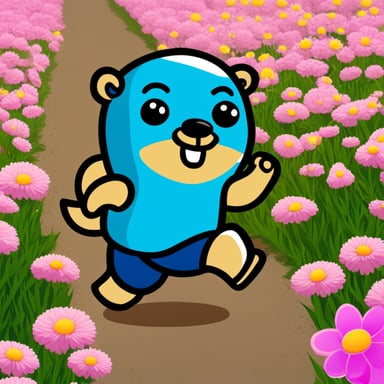 Generate an image of Go Blue Gopher jogging in a field of flowers, wearing sportive clothing.