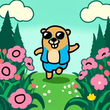 Generate an image of Go Blue Gopher jogging in a field of flowers, wearing sportive clothing.