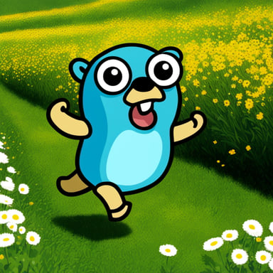 Generate an image of Go Blue Gopher jogging in a field of flowers, wearing sportive clothing.