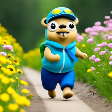 Generate an image of Go Blue Gopher jogging in a field of flowers, wearing sportive clothing.