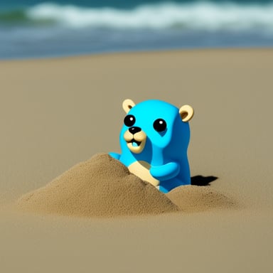 Go Blue Gopher laying on the beach and playing with the sand.