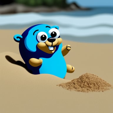Go Blue Gopher laying on the beach and playing with the sand.