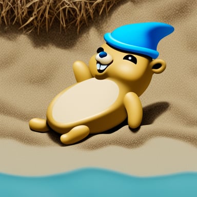 Go Blue Gopher laying on the beach and playing with the sand.