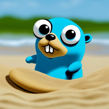 Go Blue Gopher laying on the beach and playing with the sand.