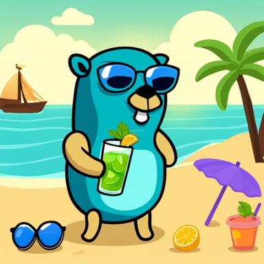 Go Blue Gopher sunbathing on the beach with a mojito.