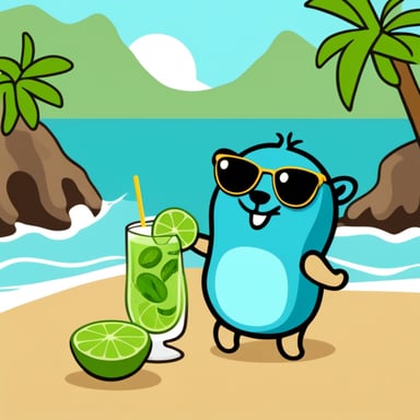 Go Blue Gopher sunbathing on the beach with a mojito.