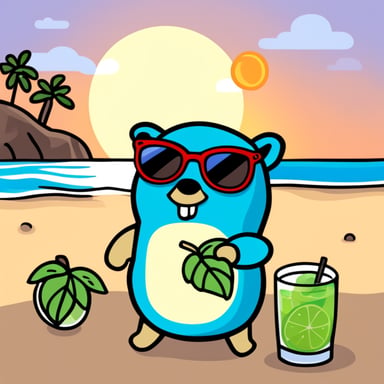 Go Blue Gopher sunbathing on the beach with a mojito.
