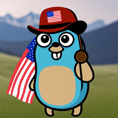 Go blue gopher with Maga red hat and US flag clothing, with an eagle in the background.