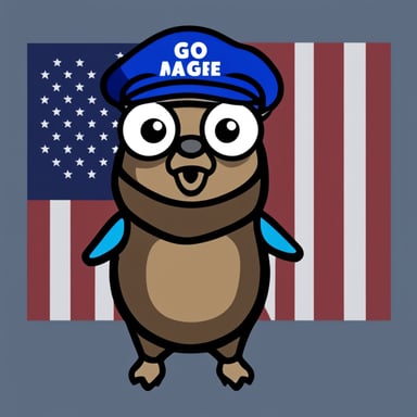Go blue gopher with Maga red hat and US flag clothing, with an eagle in the background.
