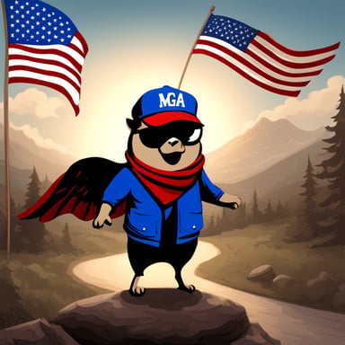 Go blue gopher with Maga red hat and US flag clothing, with an eagle in the background.
