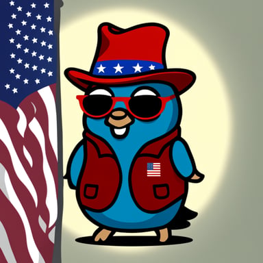 Go blue gopher with Maga red hat and US flag clothing, with an eagle in the background.