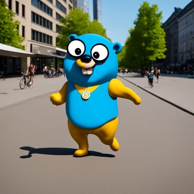 Go blue gopher in Berlin playing football.