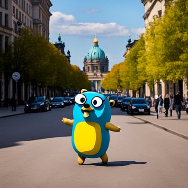 Go blue gopher in Berlin playing football.
