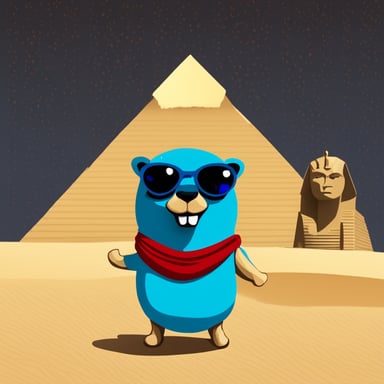 Go blue gopher in Egypt in front of the pyramids.