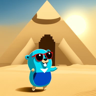 Go blue gopher in Egypt in front of the pyramids.