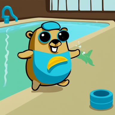 Go Blue Gopher in a swimming pool in their new house.