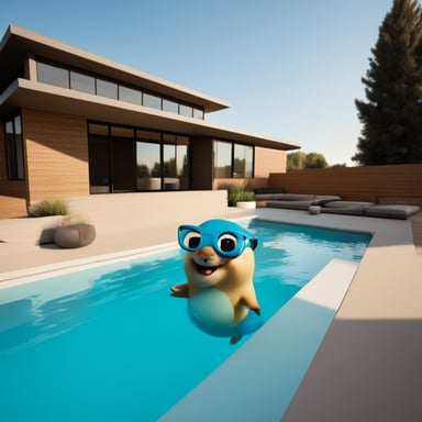 Go Blue Gopher in a swimming pool in their new house.