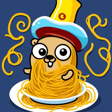 Go Blue Gopher covered in spaghetti.