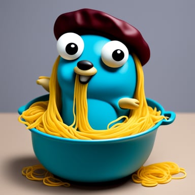 Go Blue Gopher covered in spaghetti.