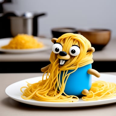 Go Blue Gopher covered in spaghetti.