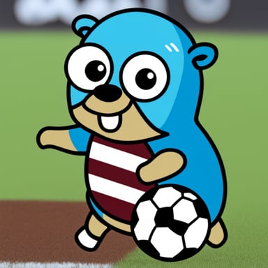 Go Blue Gopher wearing a soccer shirt with red and white vertical stripes.