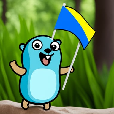 Go Blue Gopher is happy, holding a Ukraine flag in its paws.