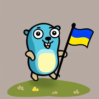 Go Blue Gopher is happy, holding a Ukraine flag in its paws.
