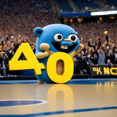 A happy Go Blue Gopher with the number 42 in Warsaw.