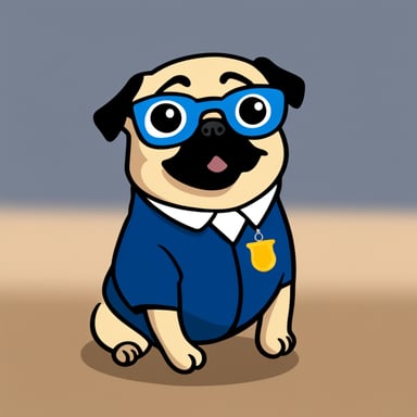 Go blue gopher as Livi, a pug with its name on the collar.