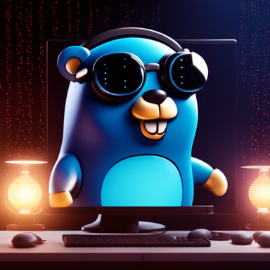 Go Blue Gopher programming with Golang icon on the screen, ultradetailed HD octane render cyberpunk lighting photo.