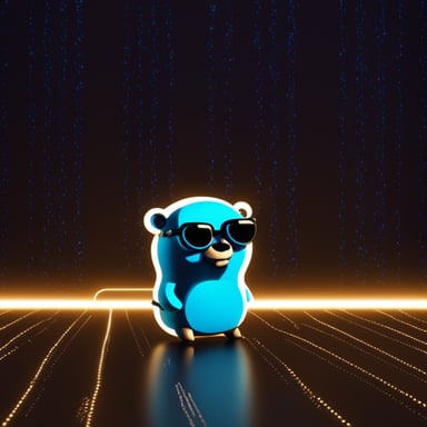 Go Blue Gopher programming with Golang icon on the screen, ultradetailed HD octane render cyberpunk lighting photo.