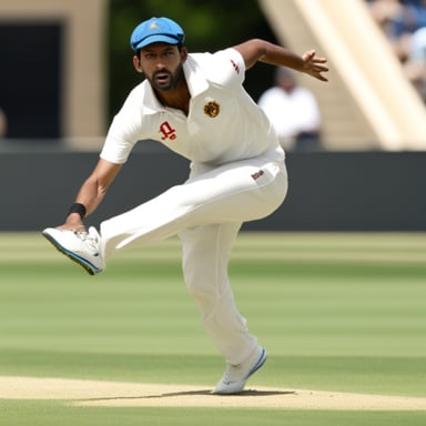 A fast cricket bowler, Go Blue Gopher, in a test match.