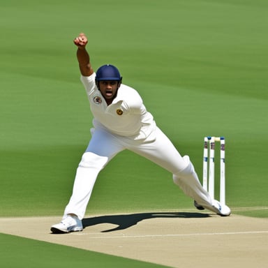 A fast cricket bowler, Go Blue Gopher, in a test match.