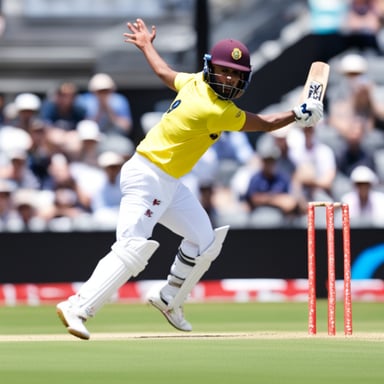 A fast cricket bowler, Go Blue Gopher, in a test match.