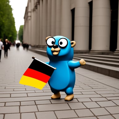In Berlin, Go Blue Gopher is holding the German flag.