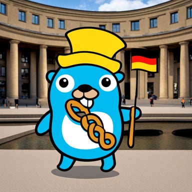 In Berlin, Go Blue Gopher is holding the German flag and eating a pretzel.