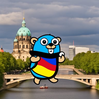 In Berlin, Go Blue Gopher is holding the German flag and eating a pretzel.