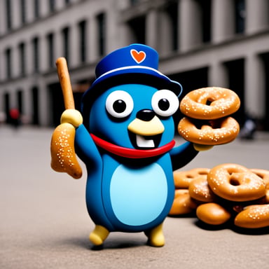 In Berlin, Go Blue Gopher is holding the German flag and eating a pretzel.