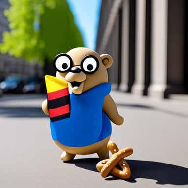 In Berlin, Go Blue Gopher is holding the German flag and eating a pretzel.