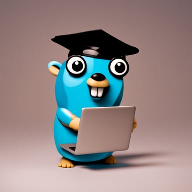 Go blue gopher with a laptop that has a letter T.