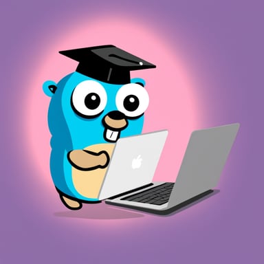 Go blue gopher with a laptop that has a letter T.