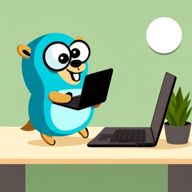 Go blue gopher with a laptop that has a letter T.
