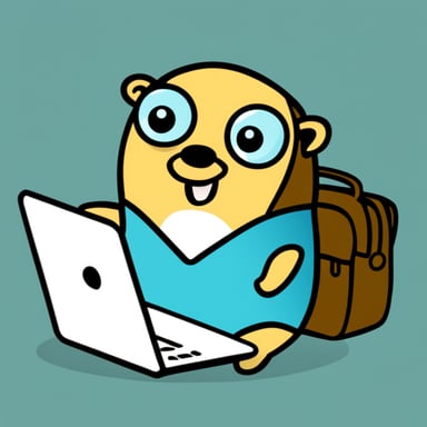 Go blue gopher with a laptop that has a letter T.