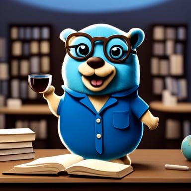 Happy Go Blue Gopher wearing glasses and teaching cats.