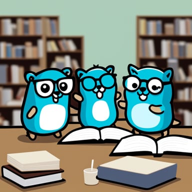 Happy Go Blue Gopher wearing glasses and teaching cats.