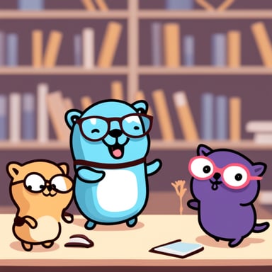 Happy Go Blue Gopher wearing glasses and teaching cats.
