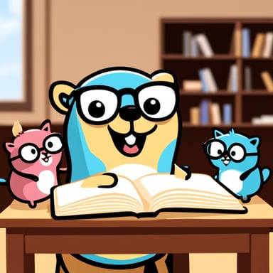 Happy Go Blue Gopher wearing glasses and teaching cats.