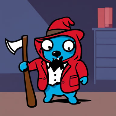 Go blue gopher as the character in the style of film American Psycho from the scene with robe and axe.