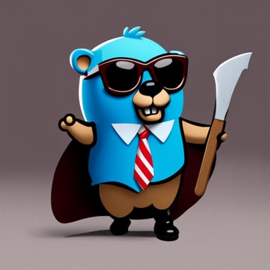 Go blue gopher as the character in the style of film American Psycho from the scene with robe and axe.